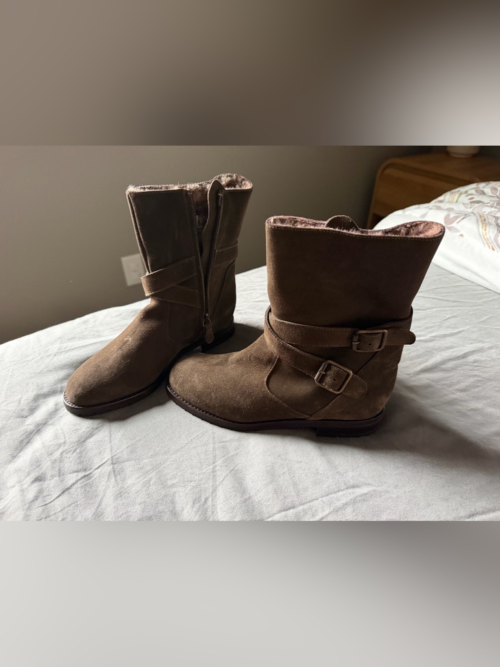 Manolo Blahnik Campocross Brown Khaki Shearling Lined Suede Mid-Calf Buckle Boot
